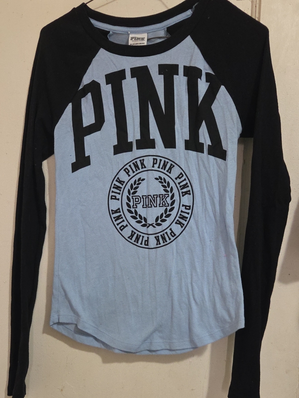 PINK Victoria's Secret Light Blue and Black Raglan Long Sleeve Tee
